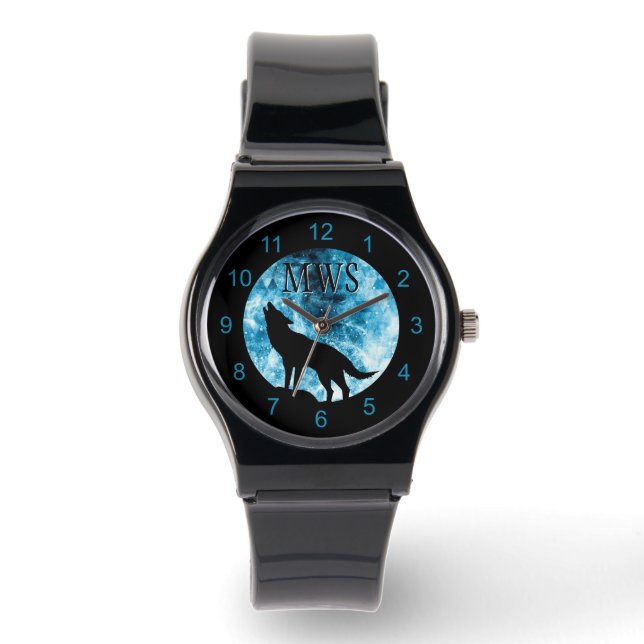 Howling Wolf Winter snowy blue smoke Monogram Watch (Front)
