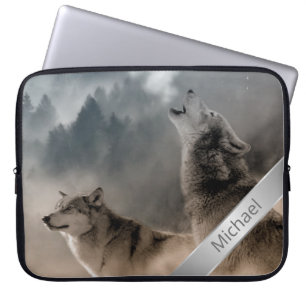 Howling Wolves Photo Monogram Laptop Sleeve
