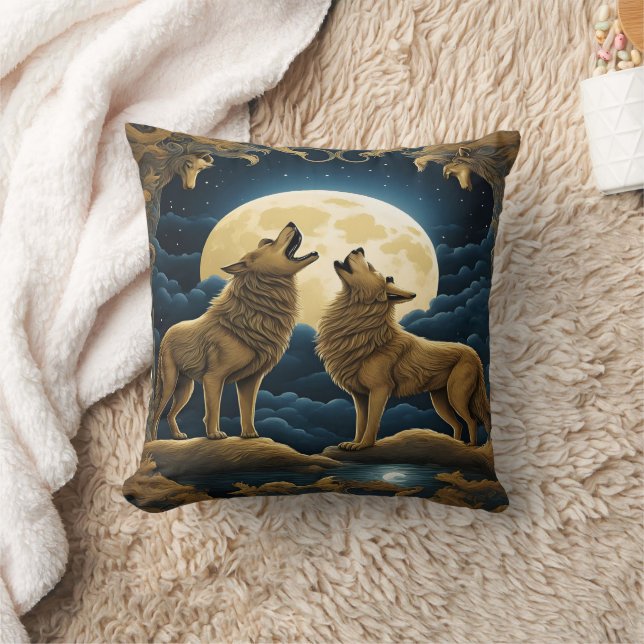 Howling Wolves Under a Full Moon at Night Cushion (Blanket)