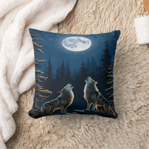 Howling Wolves Under a Full Moon at Night Cushion