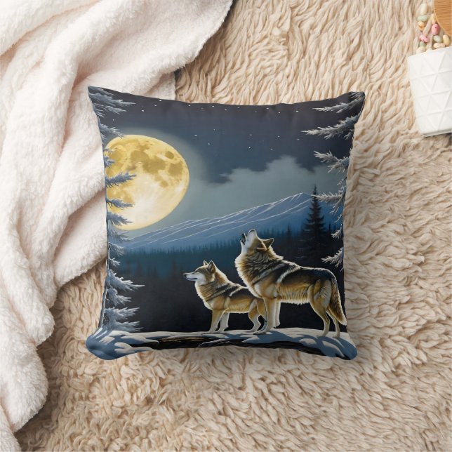 Howling Wolves Under a Full Moon in Winter Cushion (Blanket)