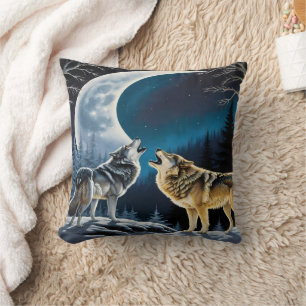 Howling Wolves Under Moonlight. Cushion