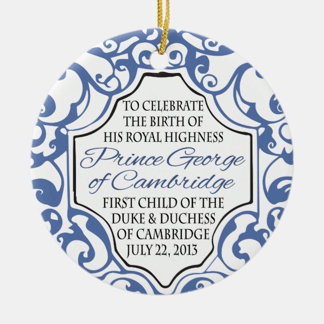 HRH Prince George Blue/White Scroll Ceramic Tree Decoration (Front)