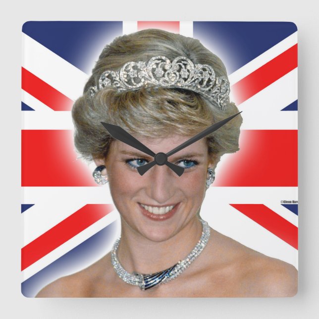 HRH Princess Diana Union Jack Square Wall Clock (Front)