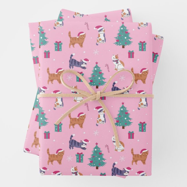 hristmas Cats and Trees Holiday Pattern Wrapping Paper Sheet (In situ)
