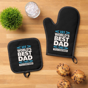 HTML H1 World's Best Dad Code Kitchen Oven Mitt & Pot Holder Set