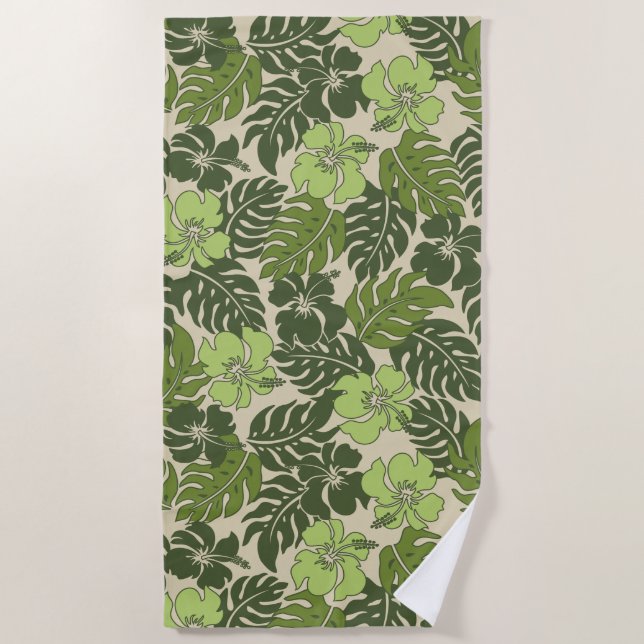 Huakini Bay Hawaiian Hibiscus Floral- Green Beach Towel (Front)