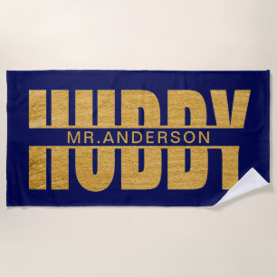 Hubby Blue And Gold Newlywed Groom  Beach Towel