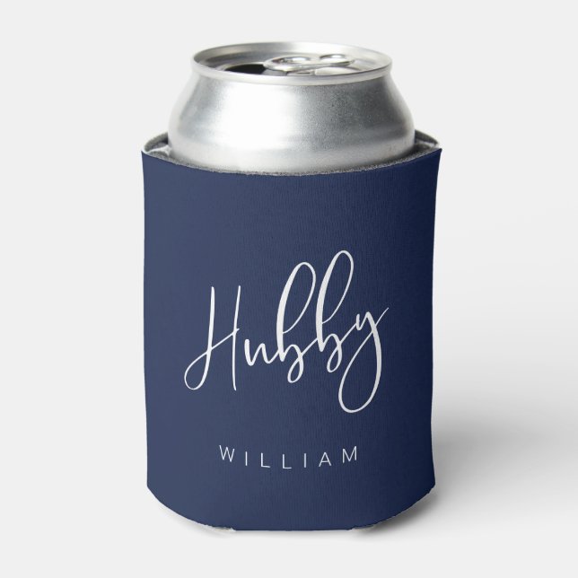 Hubby Calligraphy Navy Blue Name & Monogram Can Cooler (Can Front)