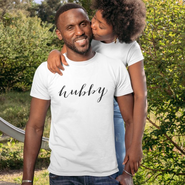 Hubby Modern Black Script White Mens T-Shirt (Creator Uploaded)