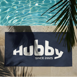 Hubby Newlywed Groom Navy Blue & White Beach Towel