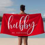 Hubby Red And White Newlywed Groom Beach Towel<br><div class="desc">Celebrate your newlywed status with this bold "Hubby" beach towel in red and white, perfect for honeymoons, beach days, or poolside relaxation. Created for grooms and husbands, this towel can be personalised with a last name, making it a thoughtful gift or stylish accessory. Whether you’re at the beach or by...</div>