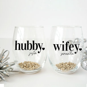 Hubby & Wifey   Personalized Name Newlyweds Stemless Wine Glass