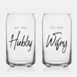 Hubby   Wifey Wedding Personalised Can Glass<br><div class="desc">Hubby Wifey can glass set. Perfect for a bridal shower gift, wedding gift, or to buy for your own honeymoon. Front can be personalised with a year of marriage, while the back can be personalised with names or custom text. All text colours can be changed using the Edit Tool. ©...</div>