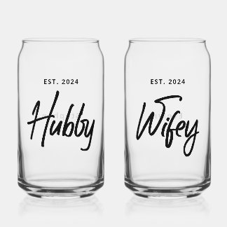 Hubby + Wifey Wedding Personalised Can Glass