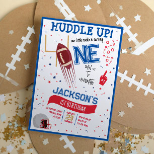 Huddle Up Little Rookie Cute Football 1st Birthday Invitation