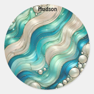 HUDSON ~ SHINY Blue White Abstract ~  Classic Round Sticker