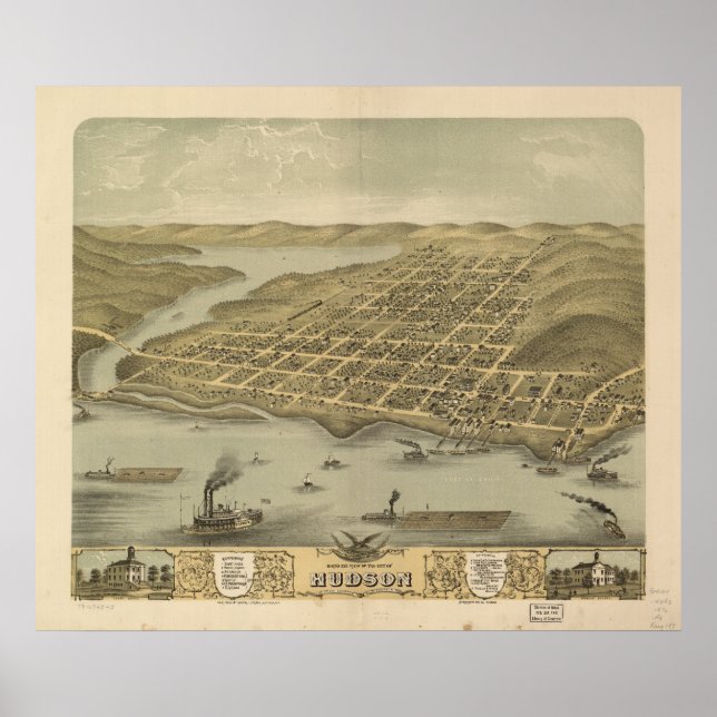 Hudson WI 1870 Antique Panoramic Map Poster (Front)