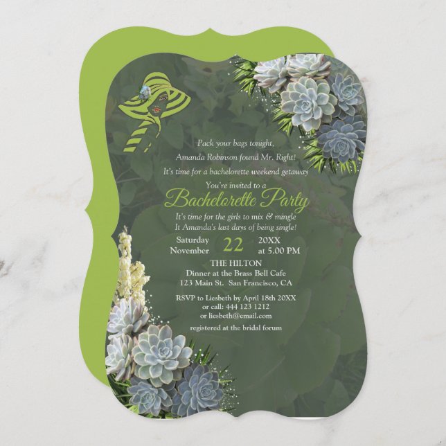 Hues of Beach Green & Succulent Bachelorette Party Invitation (Front/Back)