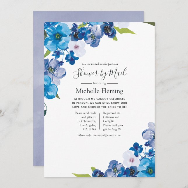 Hues of Blue Floral Baby or Bridal Shower by Mail Invitation (Front/Back)