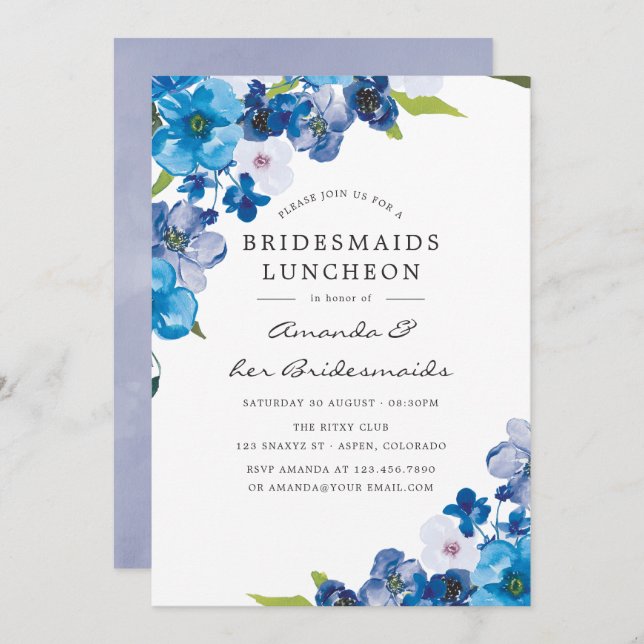 Hues of Blue Floral Bridesmaids Luncheon Invitation (Front/Back)
