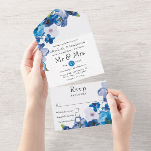 Hues of Blue Floral Wedding All In One Invitation