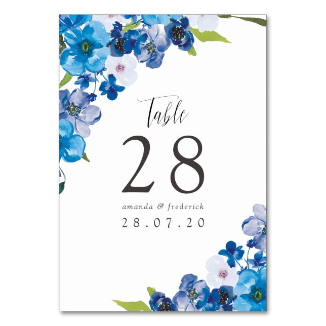 Hues of Blue Floral Wedding Table Number (Front)