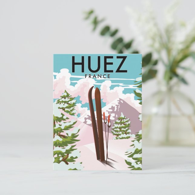 Huez France Retro ski poster Postcard (Standing Front)