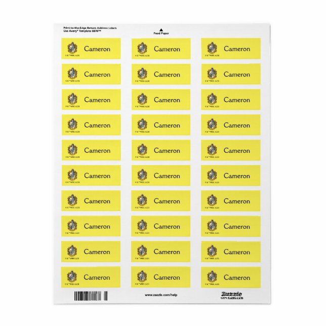 Hufflepuff Crest Kids' Return Address Label (Full Sheet)