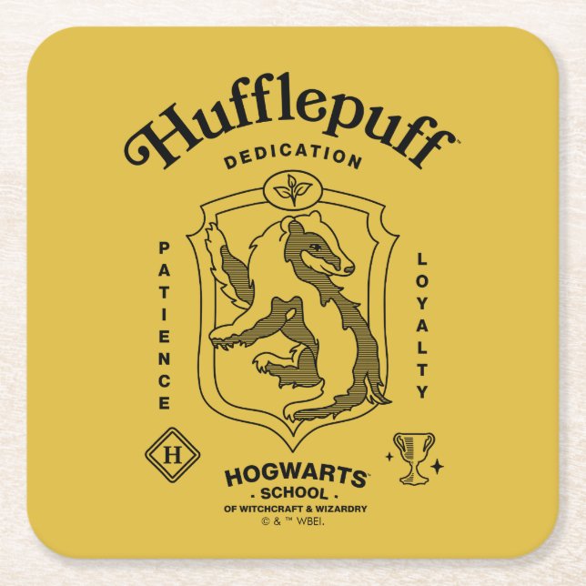 HUFFLEPUFF™ Dedication Patience Loyalty Crest Square Paper Coaster (Front)