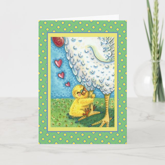 HUG YOUR MOMMA, CUTE BABY CHICK LOVES MOTHER HEN HOLIDAY CARD (Front)