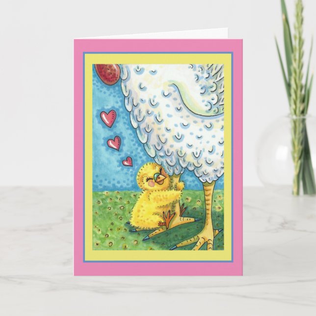 HUG YOUR MOMMA, CUTE BABY CHICK LOVES MOTHER HEN HOLIDAY CARD (Front)