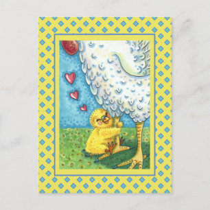 HUG YOUR MOMMA, CUTE BABY CHICK LOVES MOTHER HEN HOLIDAY POSTCARD