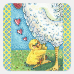 HUG YOUR MOMMA, CUTE BABY CHICK LOVES MOTHER HEN SQUARE STICKER