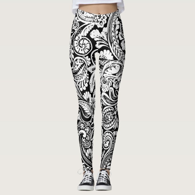 Huge Black and White Paisley Leggings (Front)