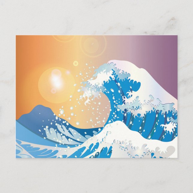 Huge Blue Wave with Sun Drawing Postcard (Front)