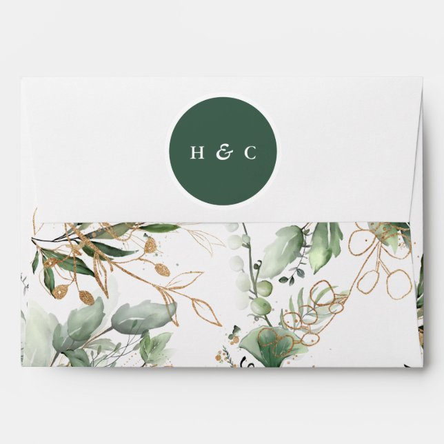 Huge Botanical Eucalyptus Green Emerald Monogram Envelope (Back (Top Flap))