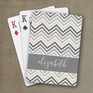 Huge Chevron Pattern with Name grey beige Playing Cards