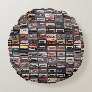 Huge collection of audio cassettes. Retro musical  Round Cushion