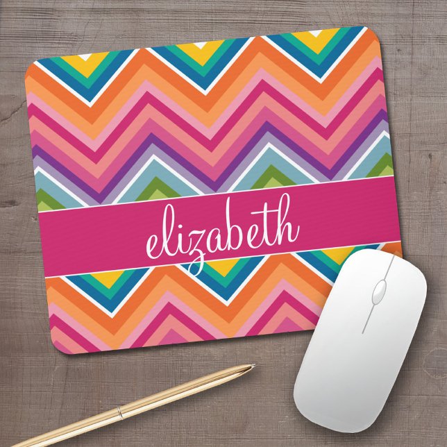 Huge Colourful Chevron Pattern with Name Mouse Pad (Personalized Mousepad - Add Your Name to this preppy chevron design)
