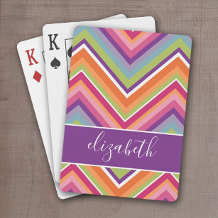Huge Colourful Chevron Pattern with Name purple Playing Cards