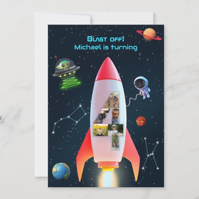 Huge Four with Photos | Rocket Space 4th Birthday Invitation (Front)