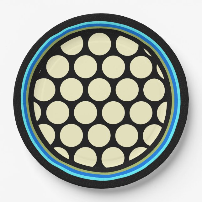 Huge Lemon Yellow Polka Dots + Blue, Olive + Black Paper Plate (Front)