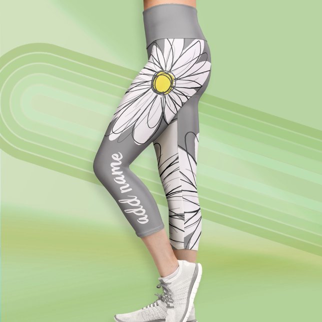 Huge Modern Daisy with Script Name Capri Leggings (Custom Daisy Leggings)