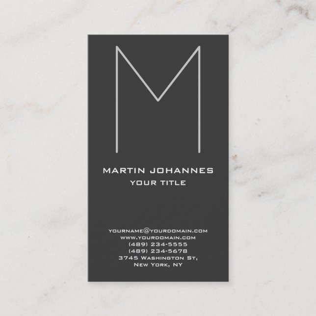 Huge Monogram Vertical Chic Grey Business Card (Front)