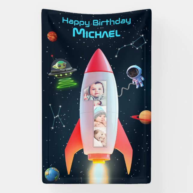 Huge One Photo Collage | 1st Birthday Space Rocket Banner (Vertical)