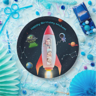 Huge One Photo Collage   Space Rocket 1st Birthday Paper Plate