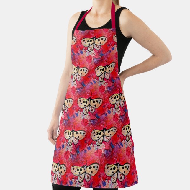 Huge Painted Butterflies Pattern Vintage Cute Red Apron (Insitu)