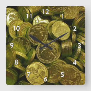 Huge Pile of Chocolate Filled Gold Coins Square Wall Clock