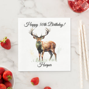 Huge Racked Deer Happy Birthday Name Napkin